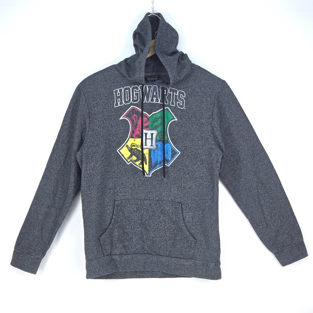 Harry‎ Potter Hogwarts Crest Hoodie Mens Medium Gray Nerd Geek Sweatshirt Wizard